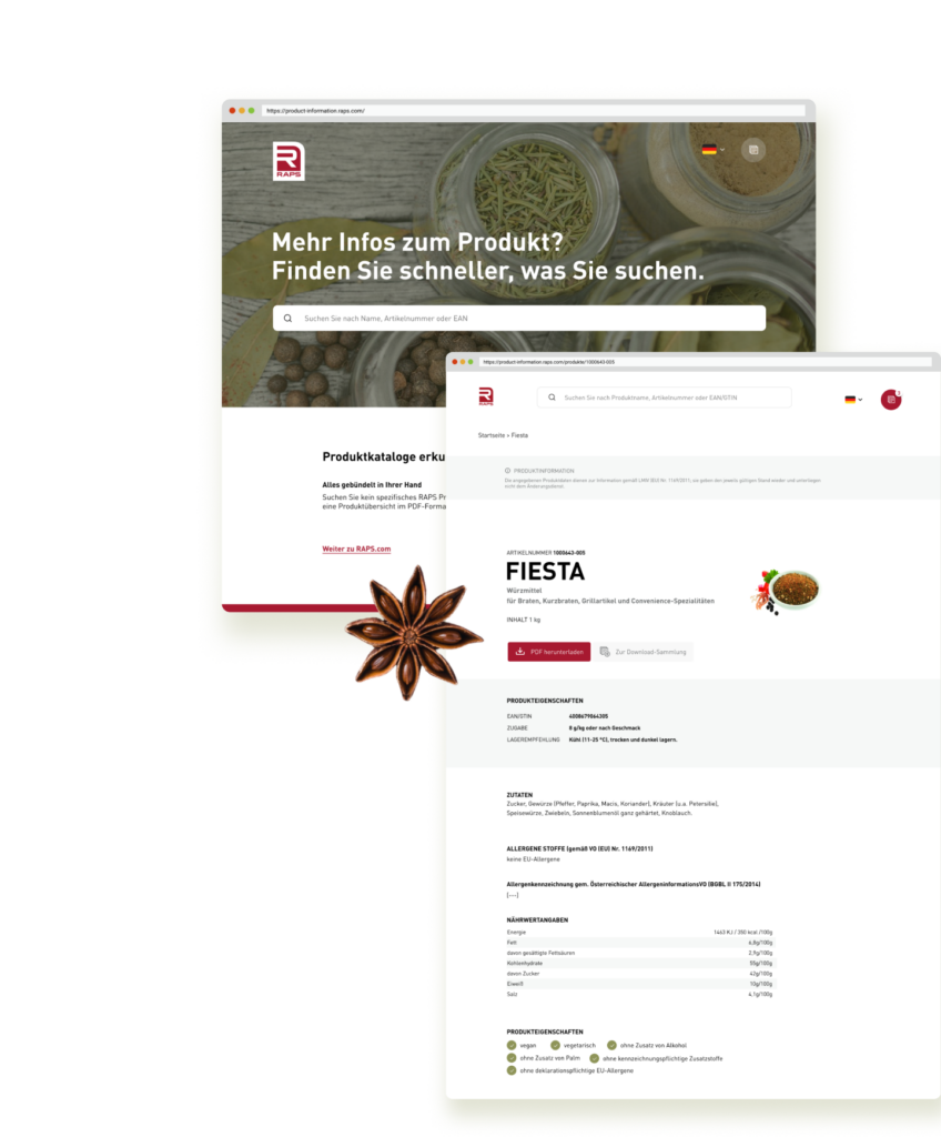 Screenshots des neuen RAPS Kulmbach Produktinformationsportals für die Lebensmittelproduktion